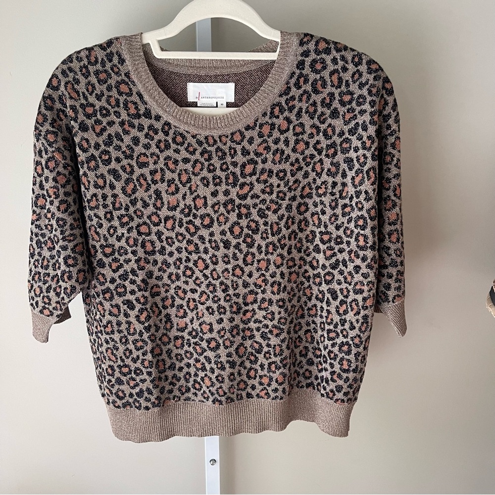 Anthropologie Leopard Print Knit Sweater Size XS Brown Black Short Sleeve NWOT